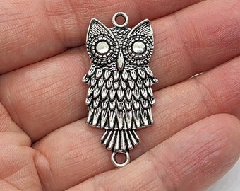 Pewter Owl Pendant Connector, 38mm x 19mm Large Antiqued Silver Bird Owl Focal Pendant