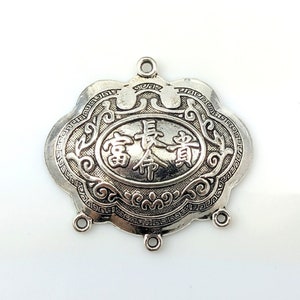 Pewter Longevity Lucky Pendant, 44x48mm Focal Fortune Lock Charm, Antiqued Silver Feng Shui Lucky Amulet Link Pendant