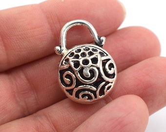 Silver Filigree Puffed Round Pewter Pendant, Round Filigree Antiqued Silver Focal Charm