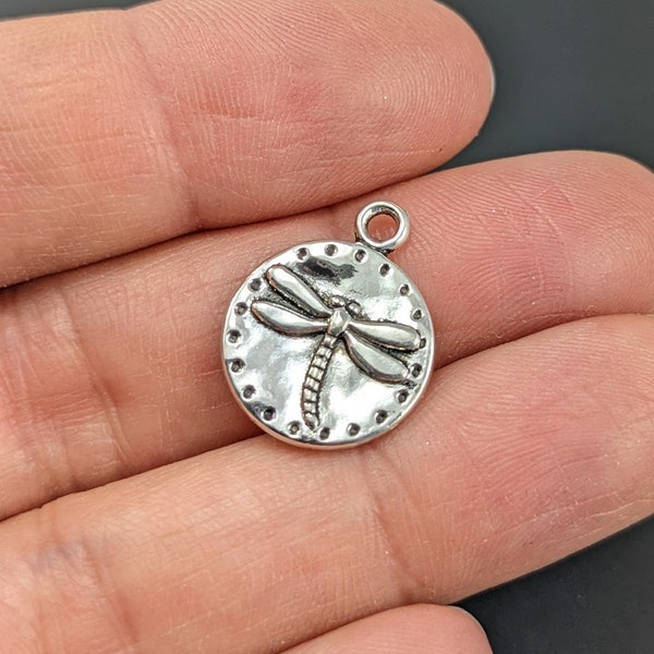 Small Round Pewter Dragonfly Charm, Antiqued Silver Insect Focal Pendant Charm