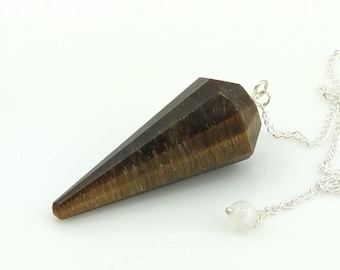 Tiger's Eye Faceted Pendulum with Chain, Tiger Eye Pendulum for Divination and Metaphysical