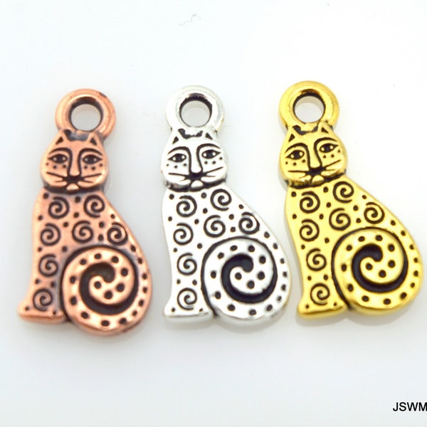 Sitting Spiral Cat Charm, TierraCast Silver Gold or Copper Small Cat Pendants for earrings, bracelets or necklaces