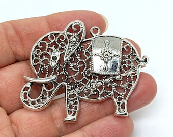 Large Pewter Elephant Focal Pendant, 2 Silver Lucky Elephant Pendants, Ornate Filigree Boho Pendants Necklace Component
