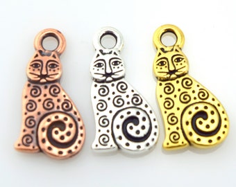 Sitting Spiral Cat Charm, TierraCast Silver Gold or Copper Small Cat Pendants for earrings, bracelets or necklaces