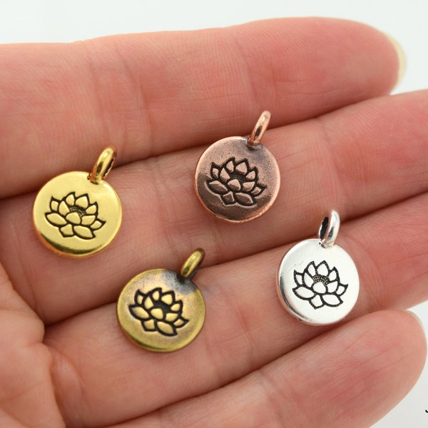 Lotus Flower Charm, TierraCast Silver Gold Brass or Copper Small Lotus Pendant, Zen Buddhist Yoga Charm Pendant for Mindfulness Jewelry