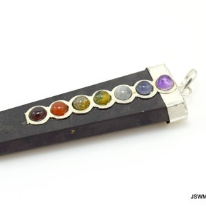 Black Shungite Chakra Pendant, Large Flat Shungite Crystal Point Focal with 7 Chakra Stones