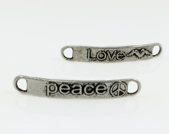 Love or Peace-connectoren Gebogen antiek zilverkleurige metalen schakels, 38x6 mm tinnen staafconnectoren