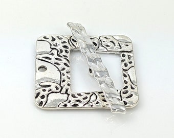 Large Square Textured Decorative Pewter Antiqued Silver Toggle Clasp, Necklace or Bracelet Silver Toggle End Closure