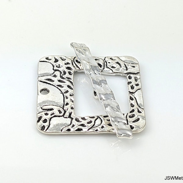 Large Square Textured Decorative Pewter Antiqued Silver Toggle Clasp, Necklace or Bracelet Silver Toggle End Closure