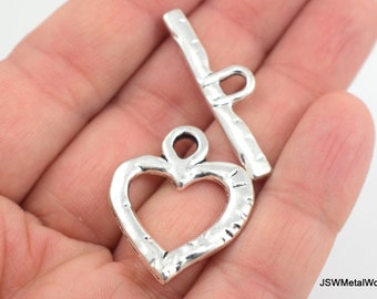 2 Large Flat Heart Pewter Antiqued Silver Toggle Clasp, Necklace or Bracelet Silver Toggle End Closure