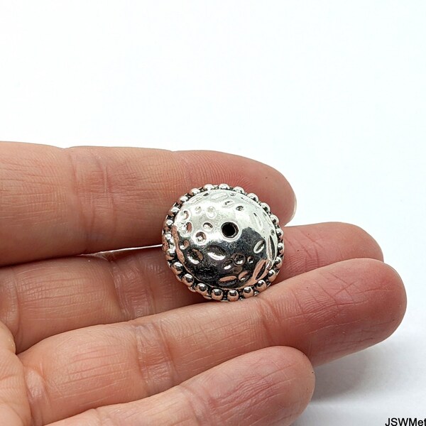 2 Large Pewter Dotted Focal Decorative Rondelle Bead, Ornate Large Textured Antiqued Silver Hollow Metal Spacer Beads