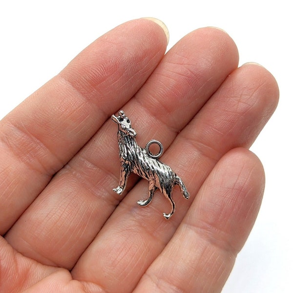 Small Silver Pewter Howling Wolf Charm, Antiqued Silver Wolf Coyote or Dog Howling Small Pendant, Lead Free Pewter Charm Pendant