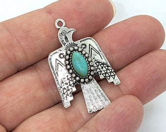 Antique Silver Pewter Thunderbird Charm Pendant, One (1) Southwestern Style Silver Bird Pendant with Turquoise Resin Cabochon