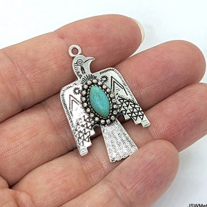 Antique Silver Pewter Thunderbird Charm Pendant, One (1) Southwestern Style Silver Bird Pendant with Turquoise Resin Cabochon