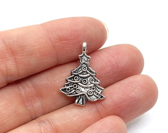 Pewter Christmas Tree Charms, Antiqued Silver Christmas Holiday Tree Charm