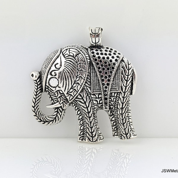 Large Pewter Elephant Focal Pendant, Silver Lucky Elephant Pendant, Ornate Filigree Boho Pendants Necklace Component