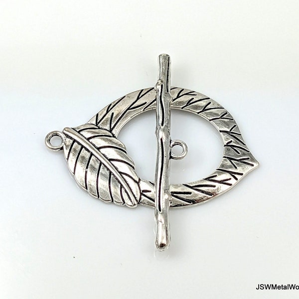 Large Leaf Decorative Pewter Antiqued Silver Toggle Clasp, Necklace or Bracelet Silver Toggle End Closure