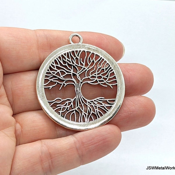 Silver Pewter Tree of Life Pendant, Round Silver Tree of Life Charm Focal, Woodland Pendant Drop