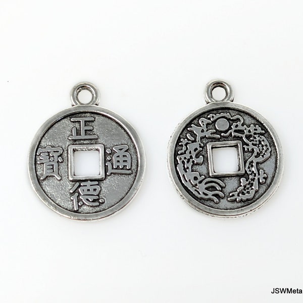 10 Antiqued Silver Chinese Coin Charms, Round Pewter Lucky Coin Replica, Chinese Qing Dynasty Coin