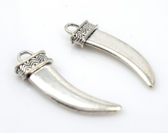 4 Pewter Flat Tusk Pendants, Crescent Antiqued Silver Horn Focal Charm