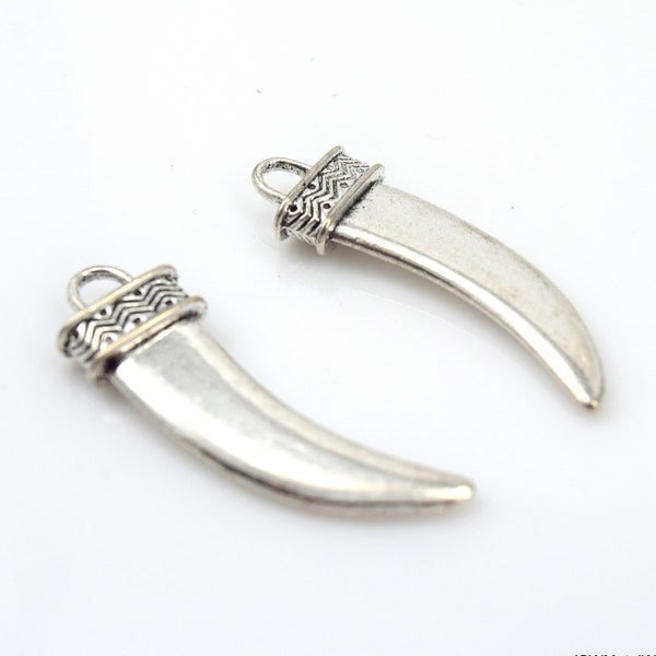 4 Pewter Flat Tusk Pendants, Crescent Antiqued Silver Horn Focal Charm