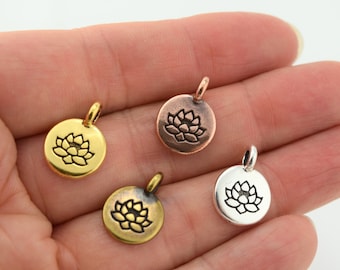 Lotus Flower Charm, TierraCast Silver Gold Brass or Copper Small Lotus Pendant, Zen Buddhist Yoga Charm Pendant for Mindfulness Jewelry