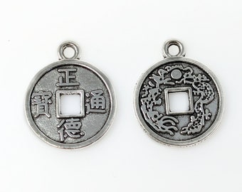 10 Antiqued Silver Chinese Coin Charms, Round Pewter Lucky Coin Replica, Chinese Qing Dynasty Coin