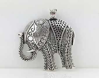 Large Pewter Elephant Focal Pendant, Silver Lucky Elephant Pendant, Ornate Filigree Boho Pendants Necklace Component