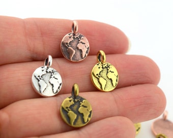 Earth Charm, TierraCast Silver Gold Brass or Copper Globe Small Pendant, World Charm, Globe Earth Day Charm