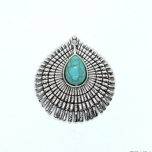 Antique Silver Pewter Teardrop Pendant, One (1) Silver Textured Focal Pendant with Turquoise Resin Cabochon