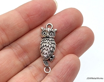 4 Small Silver Pewter Owl Charm Connectors, Silver Woodland Bird Charms, Antiqued Silver Owl Drop