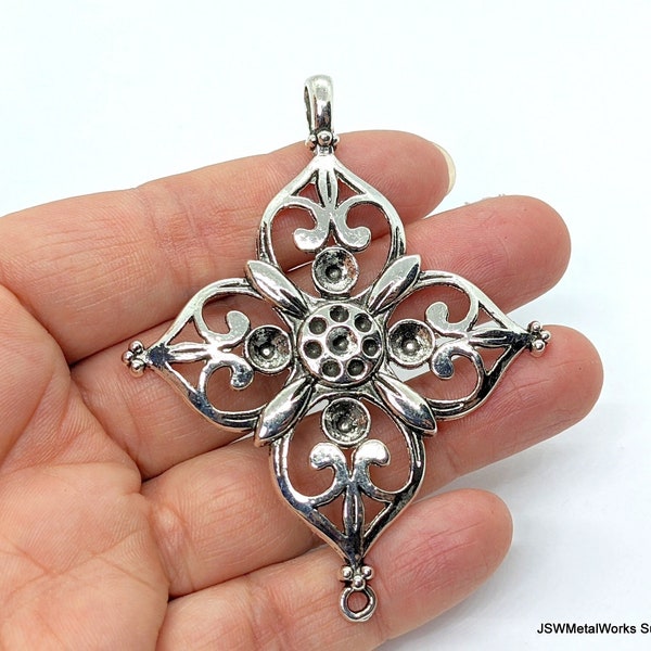 Large Pewter Filigree Pendant, 1 Large Diamond Antiqued Silver Focal Charm Connector, Huge Pewter Focal Pendant