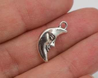 10 Small Crescent Moon Pewter Charms, Antiqued Silver Moon Charms with Face, Small Celestial Pendant, Astronomy Silver Bracelet Component