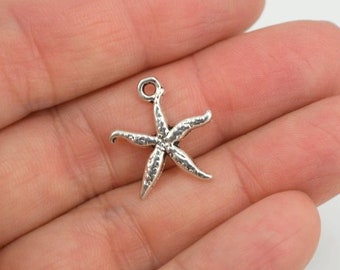 20 Small Starfish Pewter Charms, Antiqued Silver Starfish Charm, Small Marine Sea Star Charm Pendant