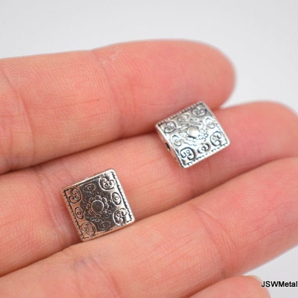 10 Detailed Antiqued Silver Etched Square Pewter Spacer Accent Beads, 10 x 10 mm, Antiqued Silver Spacer Beads