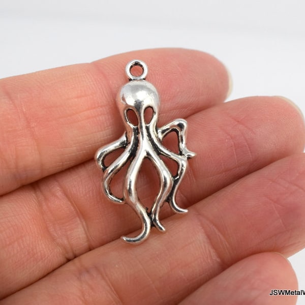 10 Pewter Octopus Charms, Antiqued Silver Mollusk Charm, Small Sea Creature Pendant, Marine Animal Drop, Ocean Charm