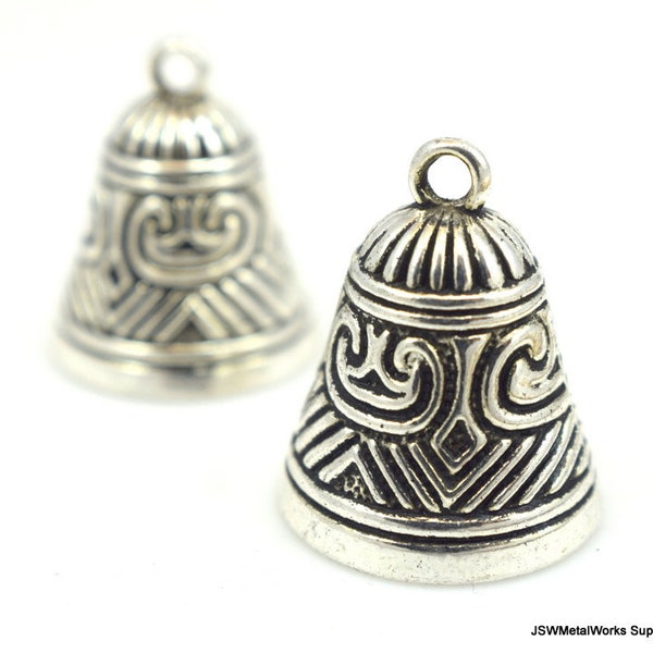 4 Etched Bell Pewter Pendant, Antiqued Silver Etched Bell Charm, Bell Jewelry Component Silver Finding