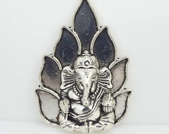 Large Pewter Ganesha Pendant, Ganesha Charms, Elephant Antiqued Silver Charm, Lotus Pendant, Deity Pendant, Silver Pendant