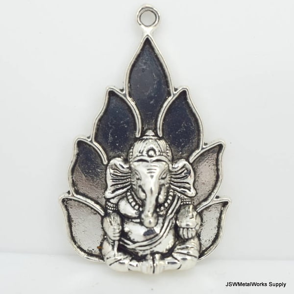 Large Pewter Ganesha Pendant, Ganesha Charms, Elephant Antiqued Silver Charm, Lotus Pendant, Deity Pendant, Silver Pendant