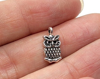 Small Silver Pewter Owl Charm Connectors, Antiqued Silver Woodland Bird Charms, Antiqued Silver Owl Drop 14mm x 7mm