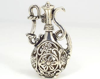One (1) Large Pewter Filigree Pitcher Focal Pendant, Ornate Antiqued Silver Pitcher Charm Pendant, Genie in a Bottle Charm