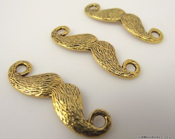 10 Antiqued Gold Pewter Mustache Pendant, Golden Pewter Fancy Curled Mustache Focal Pendant 32mm x 10mm, Movember