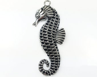 64mm Pewter Seahorse Pendant, Antiqued Silver Focal Sea Horse Pendant