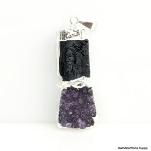 Raw Black Tourmaline and Amethyst Cluster Silver Pendant, Organic Gemstone Crystal Pendant