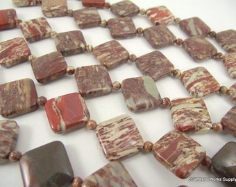 15mm Brecciated Jasper Flat Square Beads Strand, Jasper Beads, 9 Beads, Whole Strand