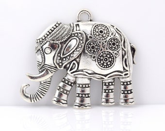 Large Pewter Elephant Focal Pendant, Silver Lucky Elephant Pendant, Ornate Filigree Boho Pendants Necklace Component