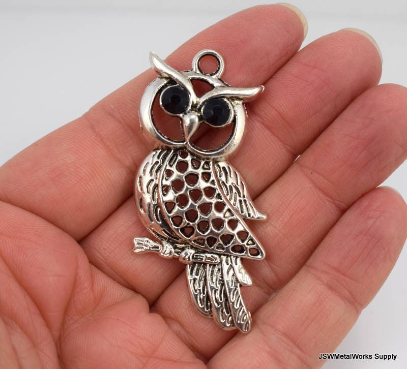 Black Rhinestone Eye Pewter Owl Pendants, Large Owl Charms, Black Rhinestone Pendant, Large Bird Cha