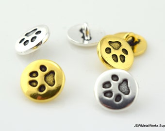 Paw Print Buttons, TierraCast Silver or Gold Plated Pewter Buttons, Small Dog Cat or Animal Paw Decorative Button Closure