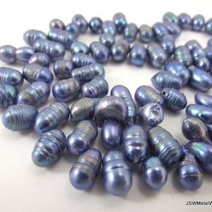 8mm - 14mm Blue Cultured Freshwater Blue Rice Pearl Strand, 8x6mm-14x7mm, Whole Strand Pearls