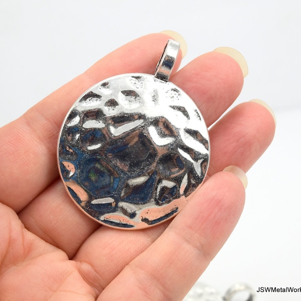 2 Large Pewter Focal Medallion Pendant, Large Round Antiqued Silver Focal Charm, Jewelry DIY